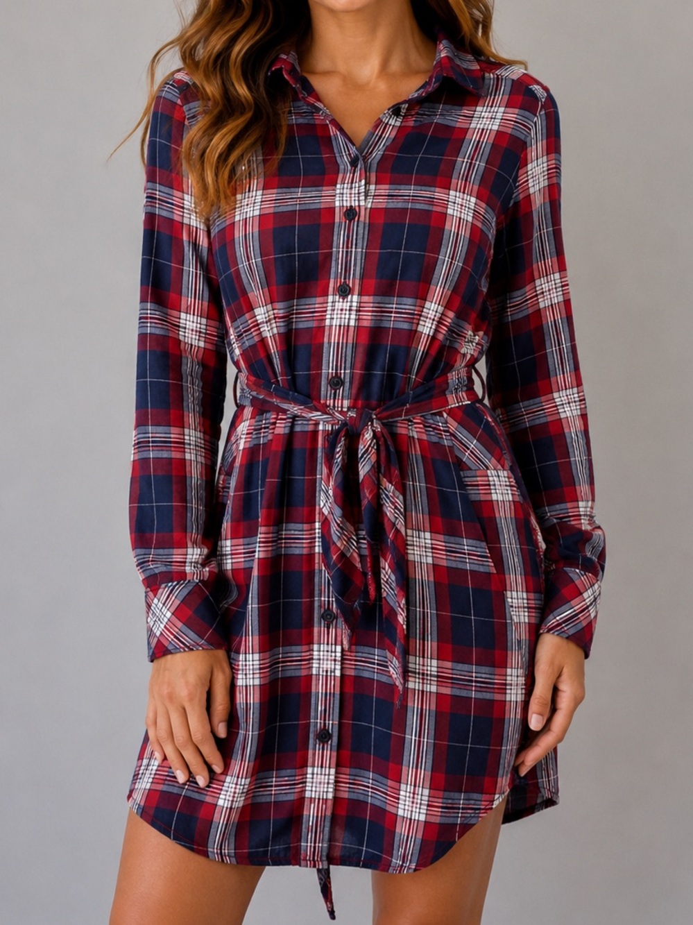 Banana Republic Plaid Flannel Shirt Dress Red Blue Tie Waist Long Sleeve Size 4